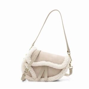 Ugg Fluffy Wool Adjustable Strap Over Shoulder Saddle Bag in Sand
